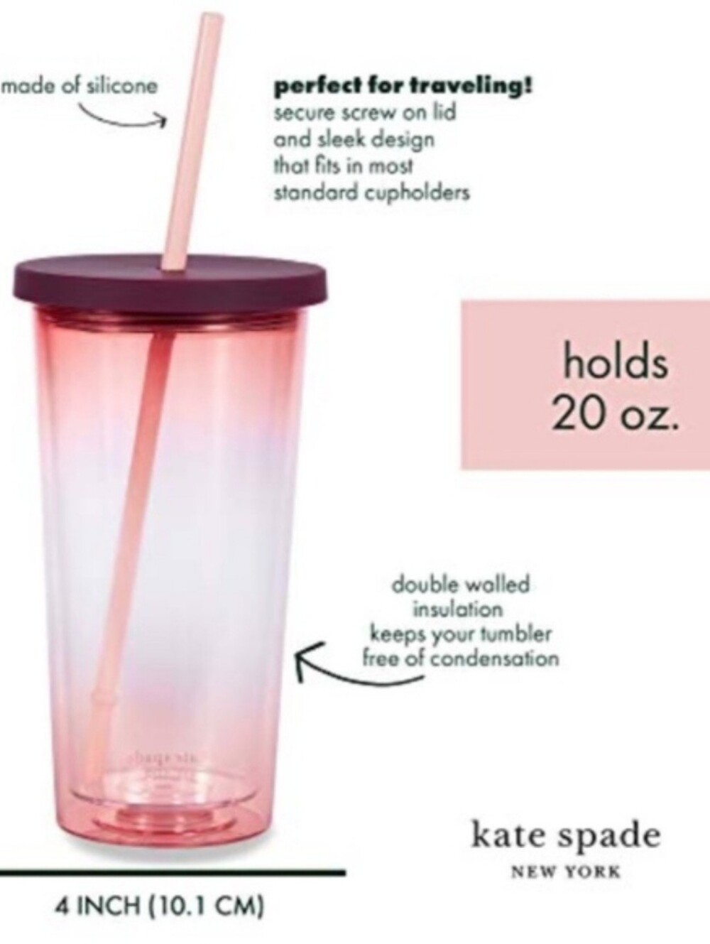 kate spade Pacific Petals Thermal Travel Mug with Pink Tumbler with Straw NIB - Picture 3 of 8
